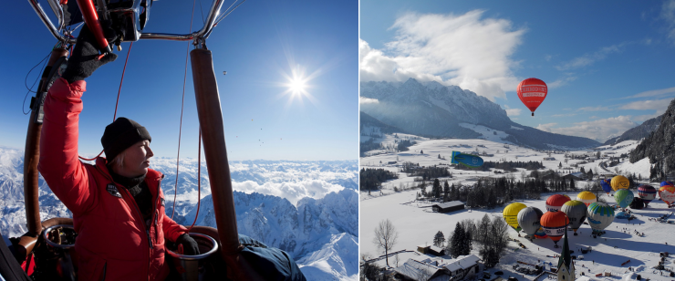 Schwerelos über verschneiten Gipfeln